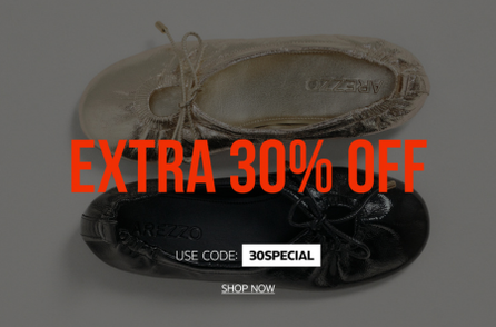 Two Arezzo ballet flats in taupe and black, with text promoting an extra 30% off using code 30SPECIAL.