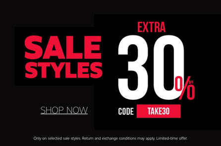 Sale styles with an extra 30% off using code TAKE30, with a Shop Now link. Fine print states the offer is only on selected sale styles and is for a limited time.