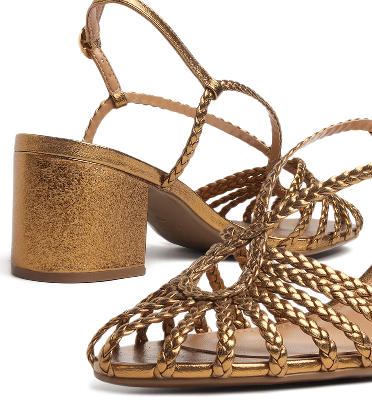 Bronze Synthetic Leather Paola Mid Block Sandal  Front and Back Close Up